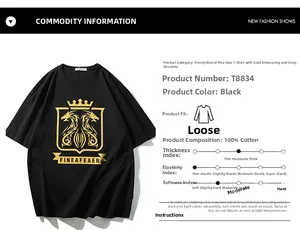 Tabella dettagliata del tessuto 100% cotone per questa t-shirt nera oversize con stampa oro