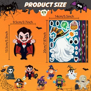 Halloween party stickers set with vampire and ghost character sizes in cm and inches