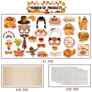 Thanksgiving party photo booth props kit with pumpkin turkey leaf cutouts and sticks