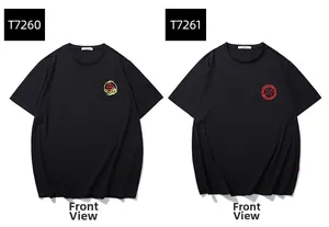Front view of black crew neck t-shirts with traditional dragon and circle embroidery