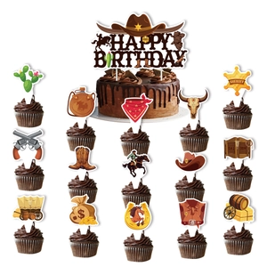 Western Cowboy Birthday Party Cake Topper Set with Happy Birthday Banner and Theme Icons