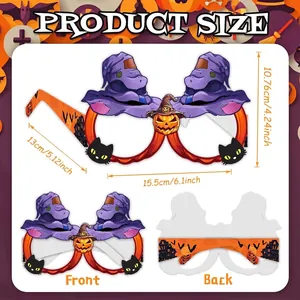 Halloween paper glasses size guide showing 15.5cm width and festive theme dimensions