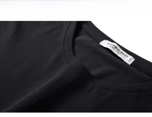 Close-up of the reinforced crew neck and quality label on this black cotton T-shirt