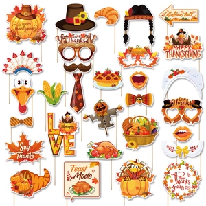 Thanksgiving Photo Booth Props Set Cardboard Turkey Pumpkin Maple Leaf Props With Bamboo Sticks For Thanksgiving Party
