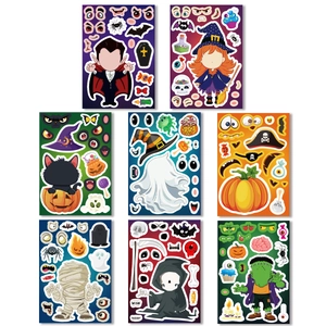 Eight sheets of Halloween cartoon DIY puzzle stickers with ghosts and pumpkins