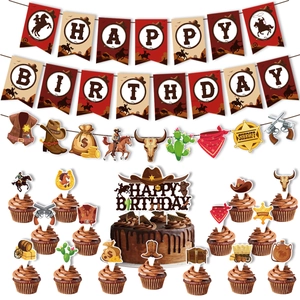 Western Cowboy Theme Birthday Party Decoration Set Happy Birthday Banner Cake Toppers Sheriff Badge Cactus Party Supplies
