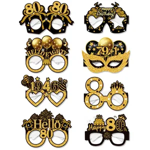 Set of 8 black and gold 80th birthday party paper glasses with glittery festive designs