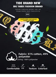 Detail of fabric label showing 51% cotton blend and gold foil printing on black oversized tee