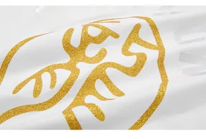 Macro de l'imprimé dragon doré pailleté et texte laser holographique sur coton blanc
