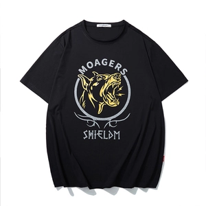 T-Shirt Oversize Homme Streetwear Mélange Coton Marquage à l'or Tête de Chien Lettre Imprimé Manches Courtes Col Rond Top
