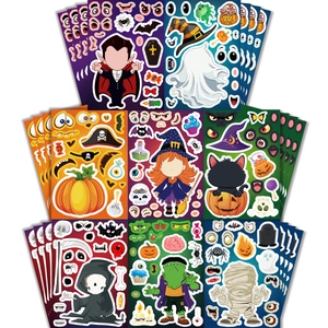 Macro view of assorted Halloween DIY character sticker sheets with various spooky designs