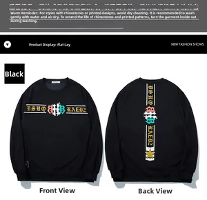 Detail view of black oversized sweatshirt featuring gothic print on front and back sides