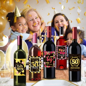 5-piece black and gold birthday wine bottle labels for 50th anniversary party decor