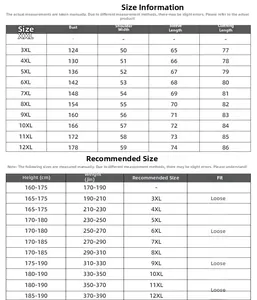Size chart showing chest, shoulder and length measurements from 3XL up to 12XL for men's hoodies