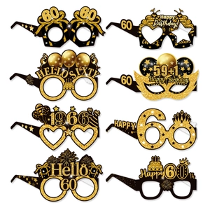 Set of 8 black and gold 60th birthday glasses with glittery party patterns and slogans