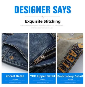 Detail view of heavy wash denim featuring YKK metal zipper and 3D letter embroidery