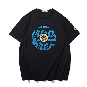 T-shirt noir surdimensionné pour homme avec imprimé bleu pailleté et emblème doré