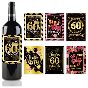 Set of 6 black and gold 60th birthday wine bottle labels with celebratory text and patterns