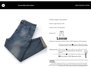 Detailed product specs of retro loose denim jeans with 94.4% cotton fabric composition
