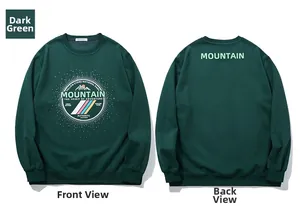Front and back views of dark green sweatshirt featuring Mountain theme prints and ribbed cuffs