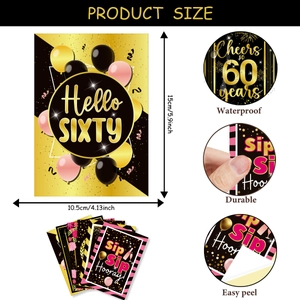 Waterproof 60th birthday bottle labels in black and gold with size and durability details