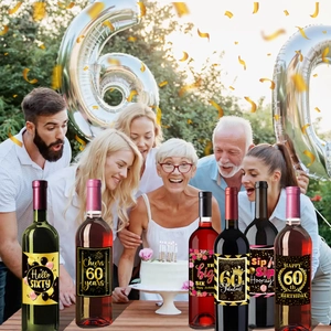 Set of 6 waterproof black and gold labels for 60th birthday wine bottles decoration