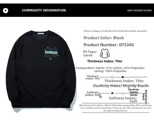 Detailed size chart for black oversized sweatshirt with blue planet graphic and text