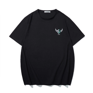 Men's oversized black cotton T-shirt featuring minimalist wing and letter embroidery