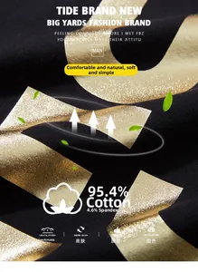 Macro view of gold foil printing on premium black 95.4% cotton and spandex fabric