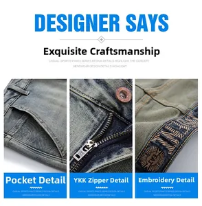 Detailed views of vintage washed blue jeans featuring YKK zipper and embroidery detail