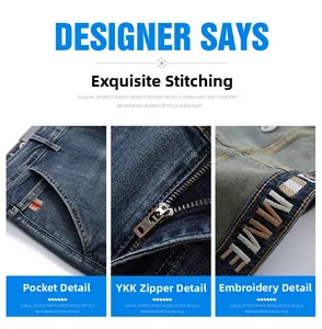 Detailed macro view of YKK zipper and MME embroidery on vintage straight denim pants