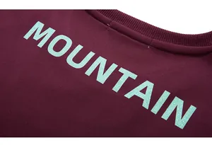 Detail view of the mint green Mountain glitter print on a burgundy oversized sweatshirt