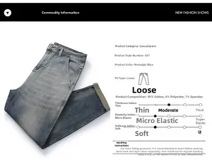 Detail view of denim jeans material composition and product specifications chart