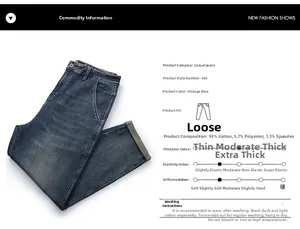 Detailed fabric chart of loose-fit retro washed denim jeans in nostalgic blue