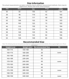 Detailed size chart for loose fit men's jeans covering sizes 36 to 54 and weight recommendations