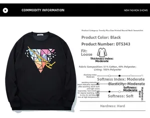 Detail showing fabric composition 51% cotton and colorful geometric print on black sweatshirt