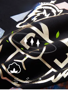 Detail of metallic print on cotton blend fabric with 51% cotton and 49% polyester blend