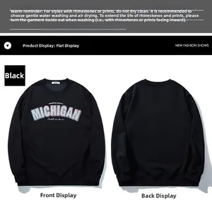 Detailed front and back view of black Michigan sweatshirt with premium graphic print