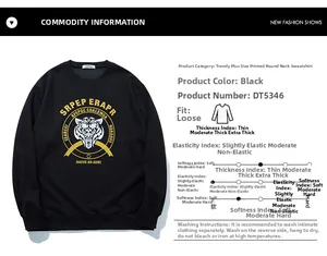 Detail of black sweatshirt with gold tiger graphic and commodity information chart