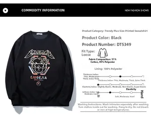 Detail of plus size black sweatshirt fabric composition and printed graphic parameters