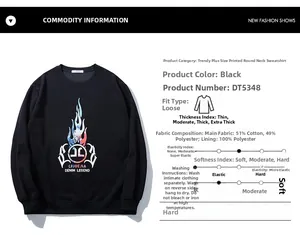 Close-up of black oversized sweatshirt featuring colorful flame print and cotton fabric details