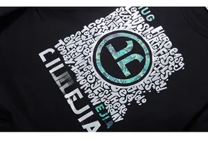 Close-up of geometric diamond-shaped print with text design on black crewneck sweatshirt