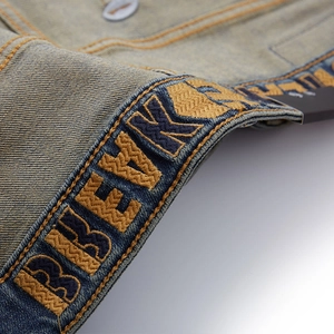 Men's retro light blue straight jeans with detailed yellow BBEVK embroidery