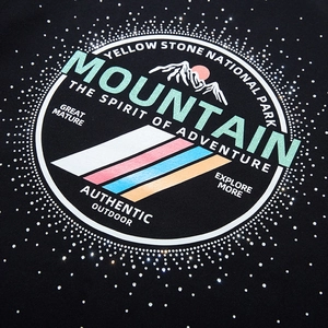 Men's oversized black sweatshirt featuring a Mountain Yellowstone National Park rhinestone print