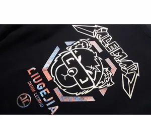 Detail of panda graphic print with abstract texture and artistic lettering on black sweatshirt
