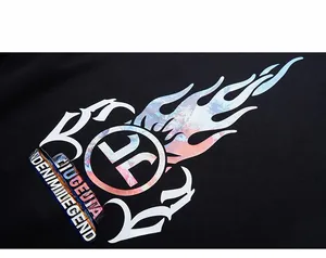 Close-up of colorful graffiti flame logo and CIUGEJIA print on black cotton hoodie