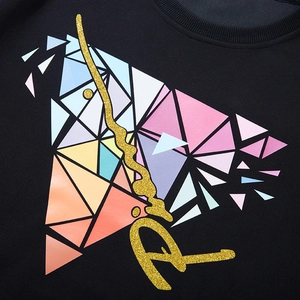 Men's oversized black sweatshirt with colorful geometric triangle and gold glitter print
