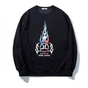 Plus Size Men's Streetwear Loose Sweatshirt Flame Letter Printed Round Neck Long Sleeve Pullover Cotton Blend Autumn Top