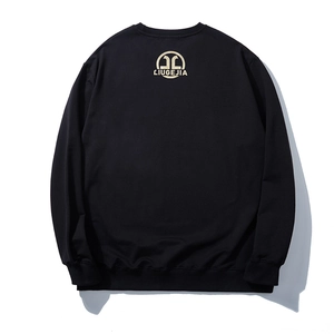 Loose fit black crewneck sweatshirt with gold lettering and logo print on the back