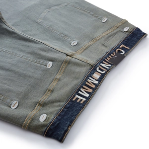 Men's retro washed loose straight jeans with contrast denim waistband and embroidery